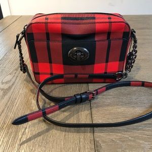 Coach Plaid Turnlock leather Camera Crossbody with gunmetal hardware
